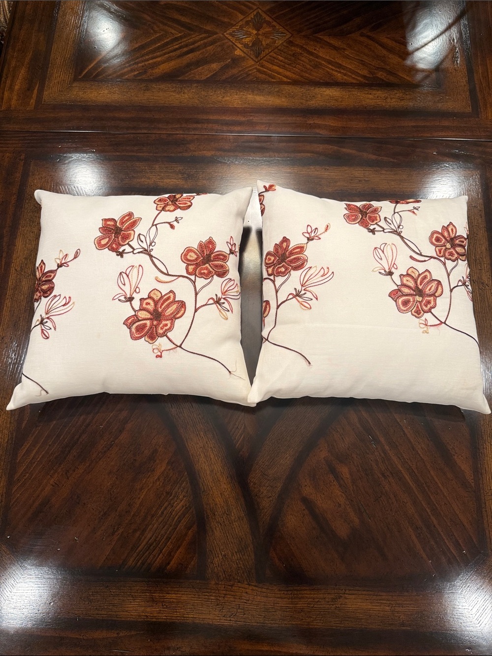Floral Embroidered Decorative Throw Pillow Pair - Cream with Rust Floral